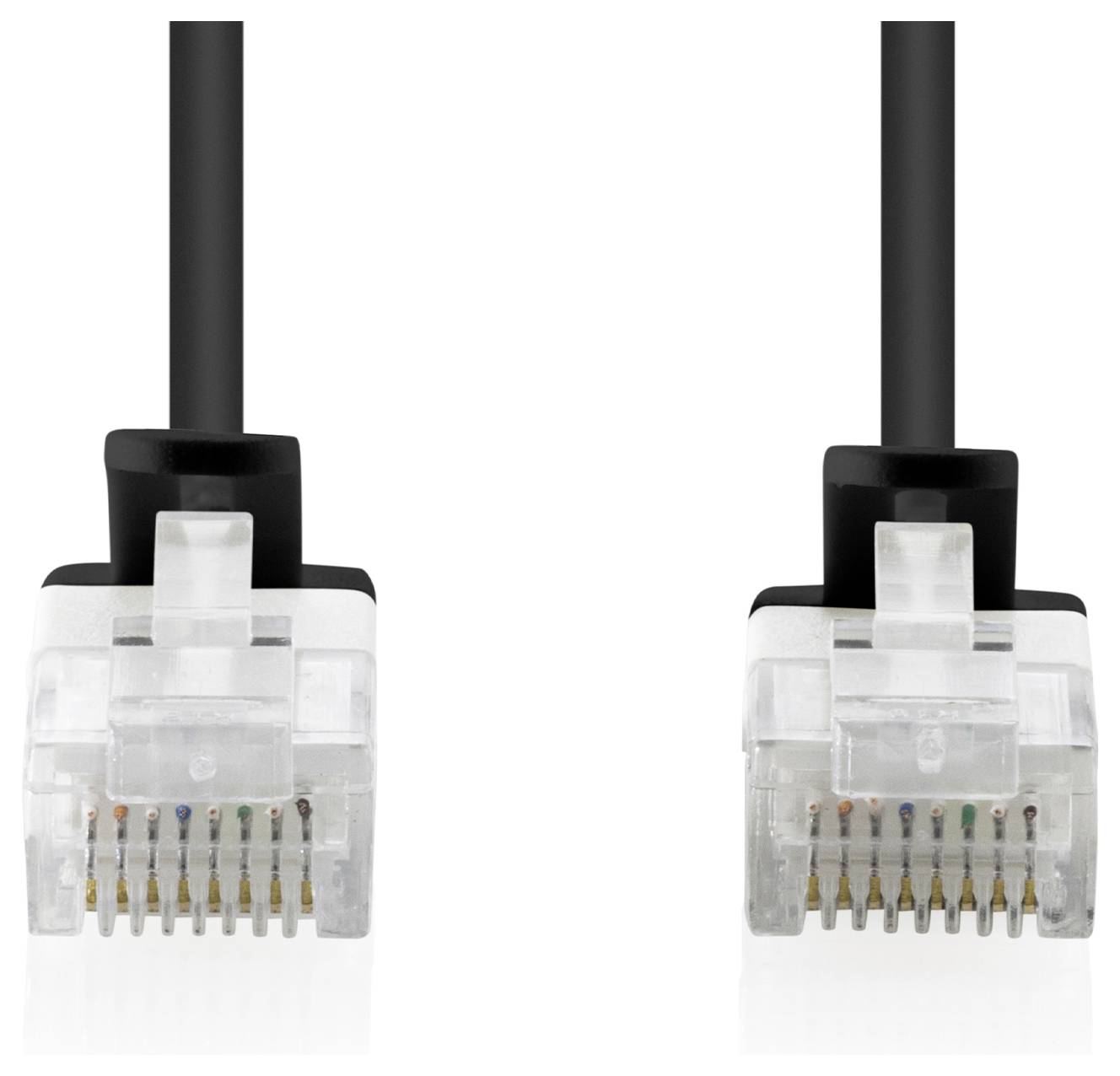 Zwei durchsichtige Ethernet-Steckverbinder werden nebeneinander gezeigt, mit sichtbaren vergoldeten Kontaktstiften und schwarzen Kabeln, die nach oben führen.