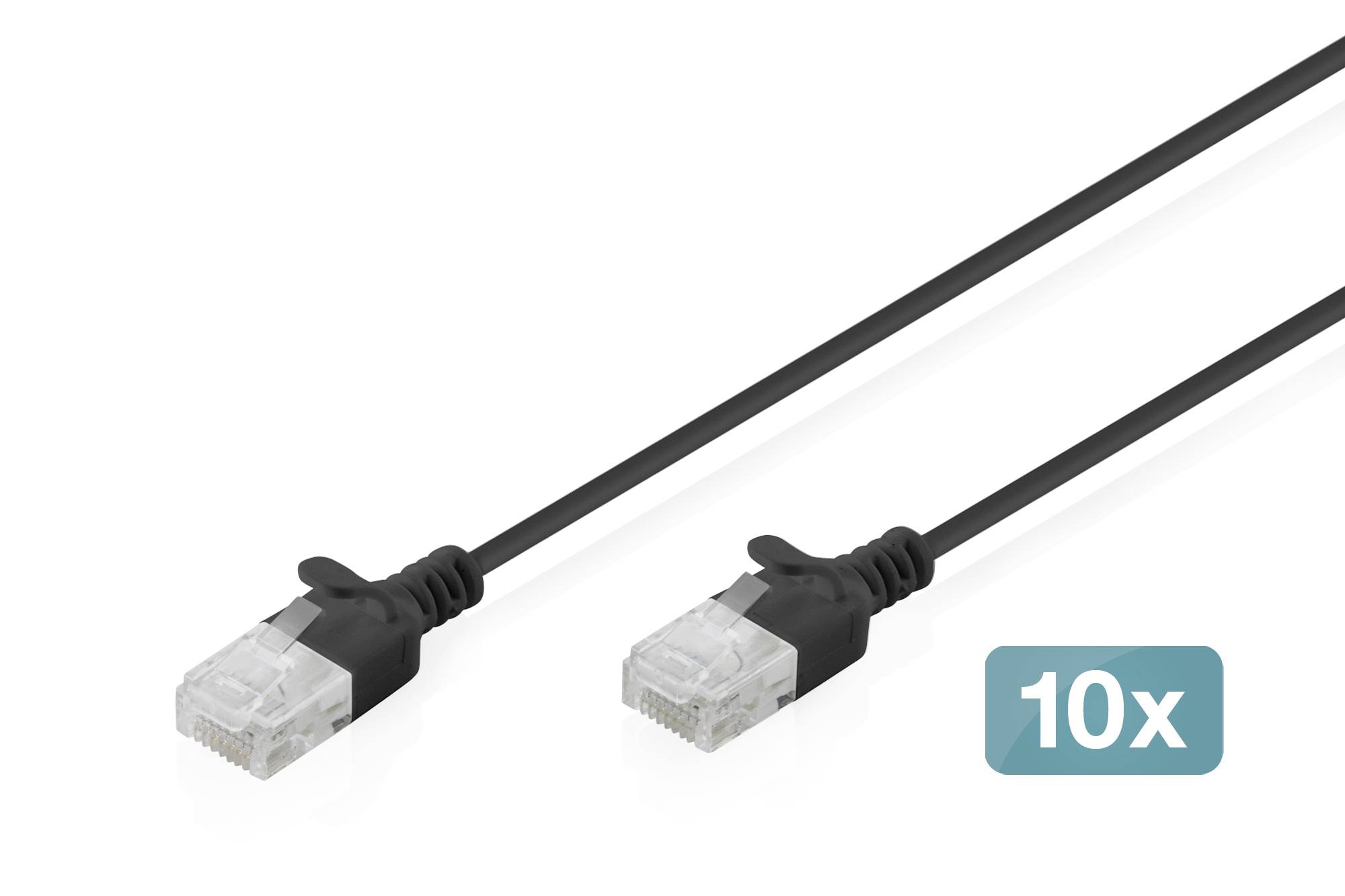 Zwei schwarze Ethernet-Kabel mit transparenten RJ45-Steckern, mit der Bezeichnung „10x" auf weißem Hintergrund.