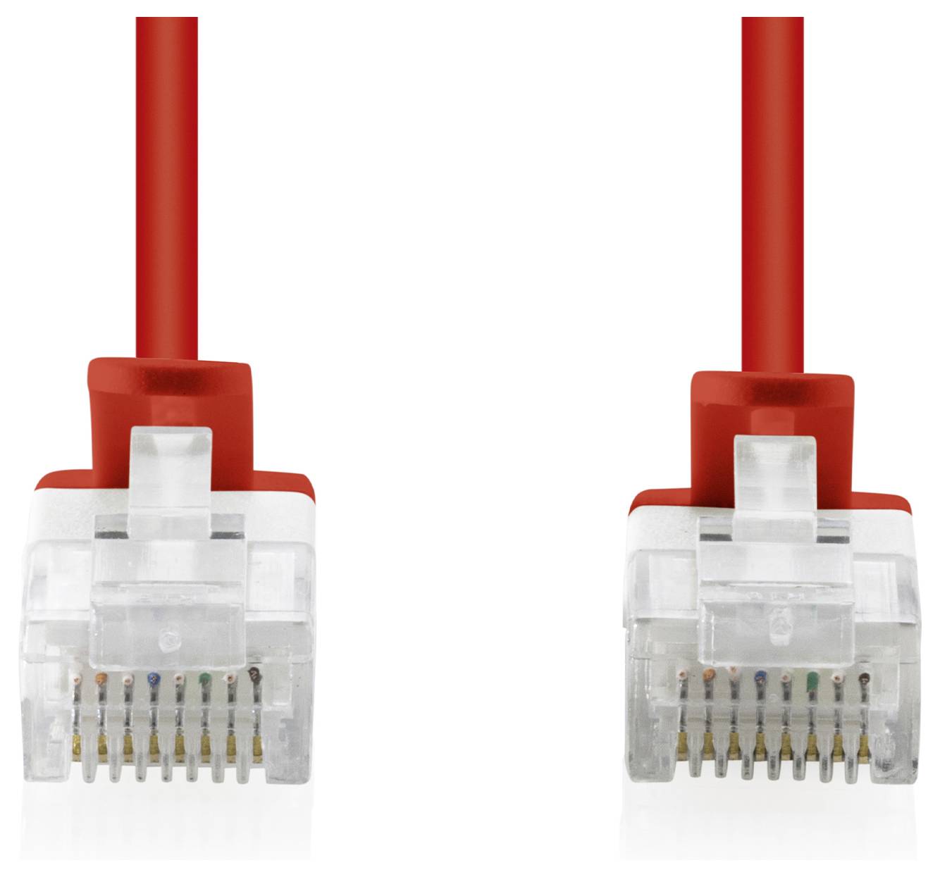 Zwei rote Ethernet-Kabel mit transparenten RJ45-Steckern nebeneinander auf weißem Hintergrund dargestellt.
