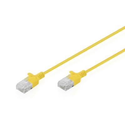 Gelbes Ethernet-Kabel mit zwei RJ45-Steckern auf weißem Hintergrund
