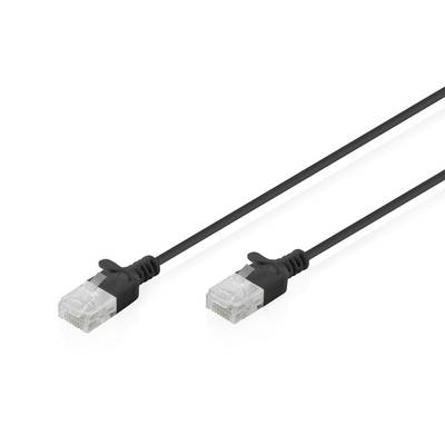 Zwei schwarze Ethernet-Kabel mit transparenten RJ45-Steckern auf weißem Hintergrund.
