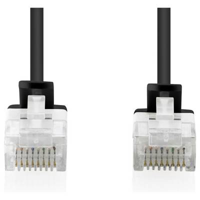 Zwei Ethernet-Kabelenden mit durchsichtigen RJ45-Steckern und schwarzen Zugentlastungsstiefeln auf weißem Hintergrund.