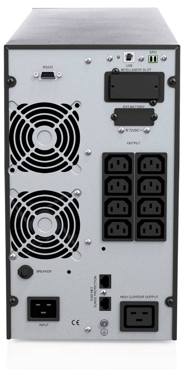 Rückseite einer USV-Stromversorgung mit zwei Kühlungsventilatoren, Eingabeschalter, RS232- und USB-Anschlüssen, externem Batterieport, Schutzschalter und mehreren AC-Ausgängen.