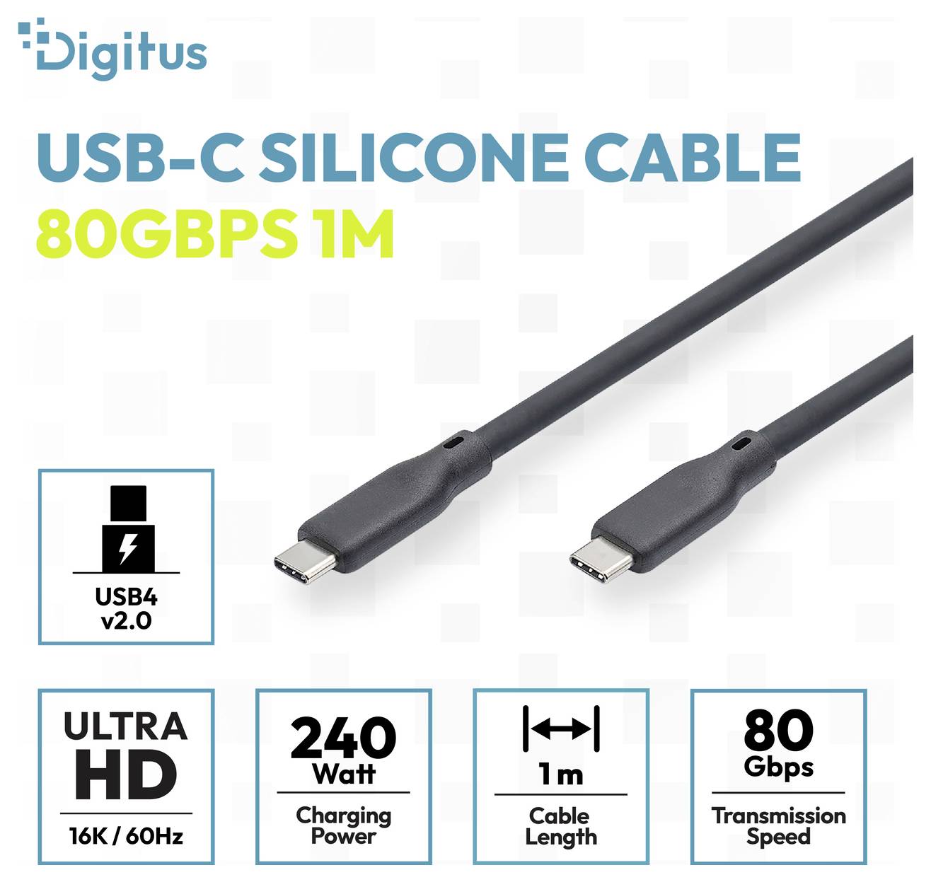 Digitus USB-C Silikonkabel, 1 m, USB4 v2.0, 80 Gbps Übertragungsgeschwindigkeit, 240 W Laden, unterstützt Ultra HD 16K/60 Hz.