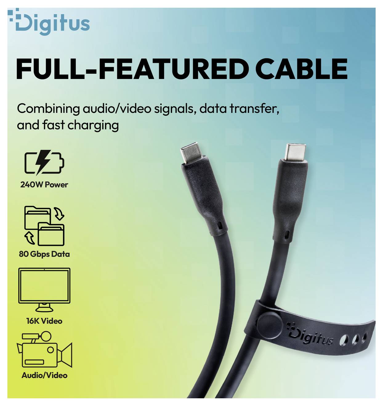 Digitus Vollausstattungs-Kabelanzeige mit USB-C-Steckern und Features: 240W Stromversorgung, 80 Gbps Datenübertragung, 16K-Video und Audio-/Video-Unterstützung.