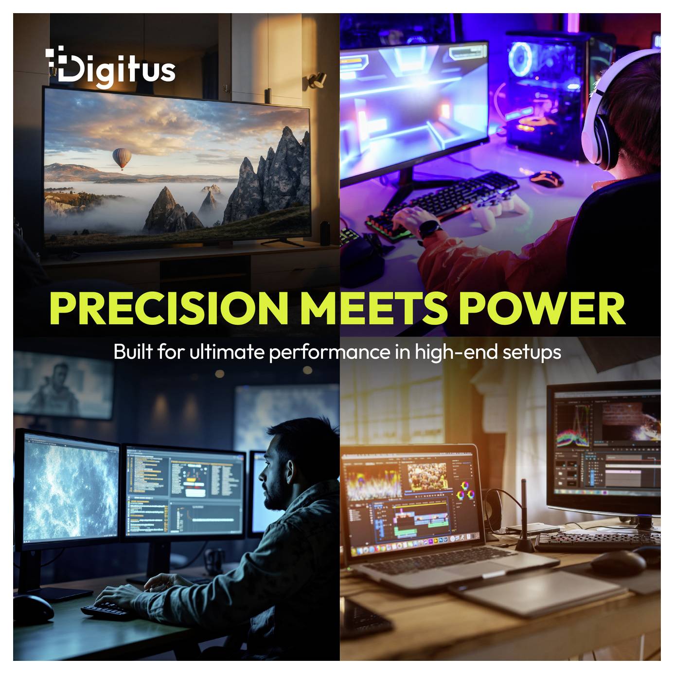Digitus Anzeige für Premium-High-Performance-Monitore in Gaming- und Editing-Setups, mit dem Slogan "PRÄZISION TRIFFT KRAFT" und "Gebaut für ultimative Leistung in High-End-Setups".