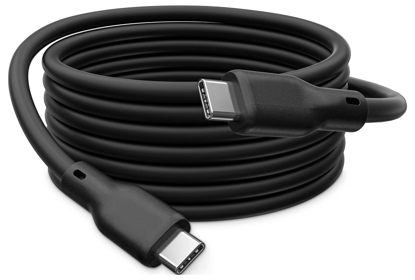 Aufgerolltes schwarzes USB-C-Kabel mit zwei USB-C-Anschlüssen auf weißem Hintergrund.