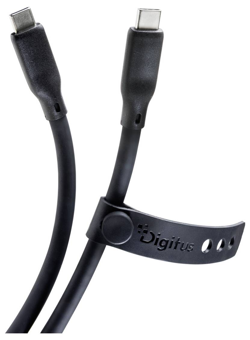 Zwei USB-C-Verbindungskabel mit einer schwarzen Digitus-Kabelhalterung auf weißem Hintergrund.