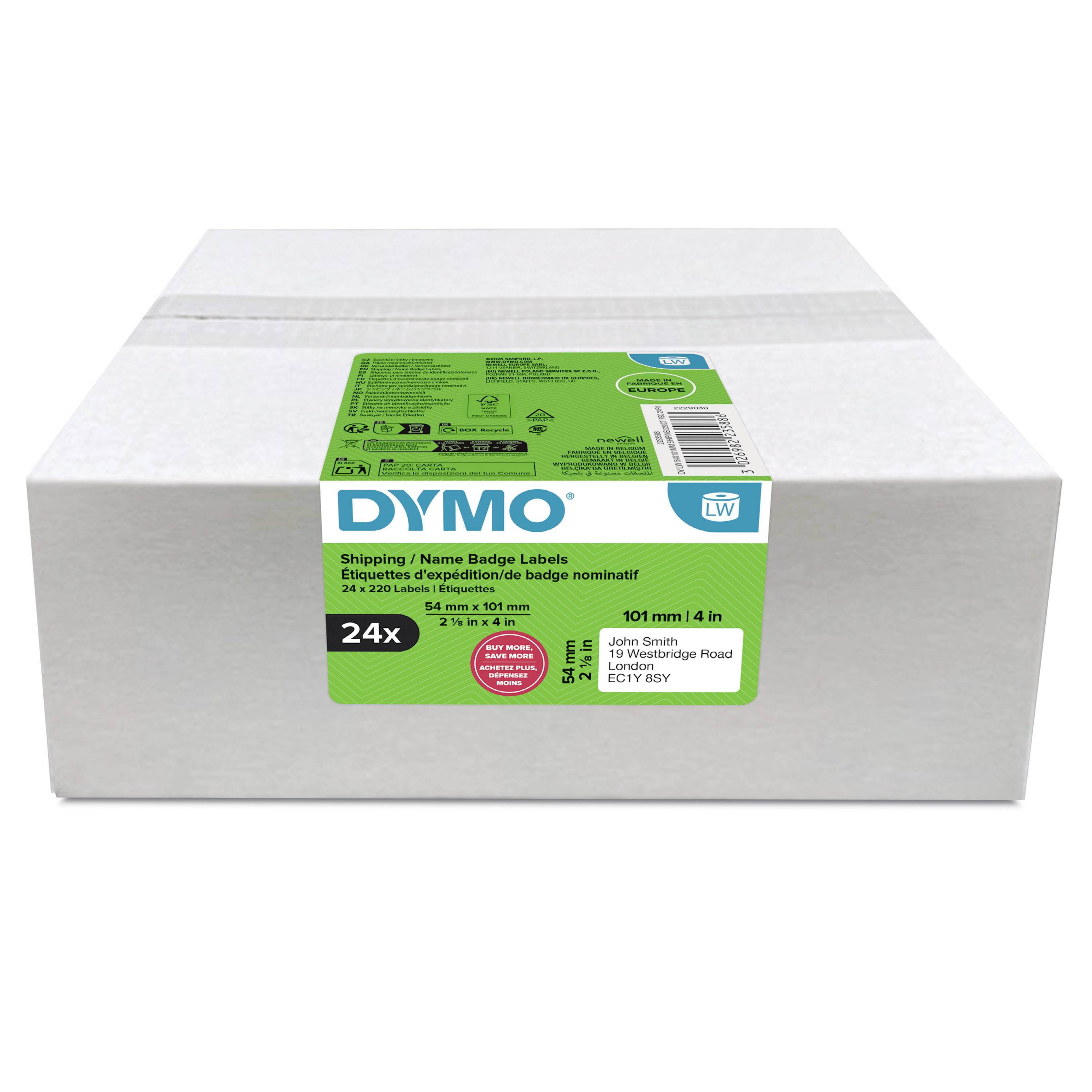 Eine Schachtel DYMO Versand-/Namensschild-Etiketten, beschriftet mit 24 Rollen und 54 mm x 101 mm, auf weißem Hintergrund gezeigt.