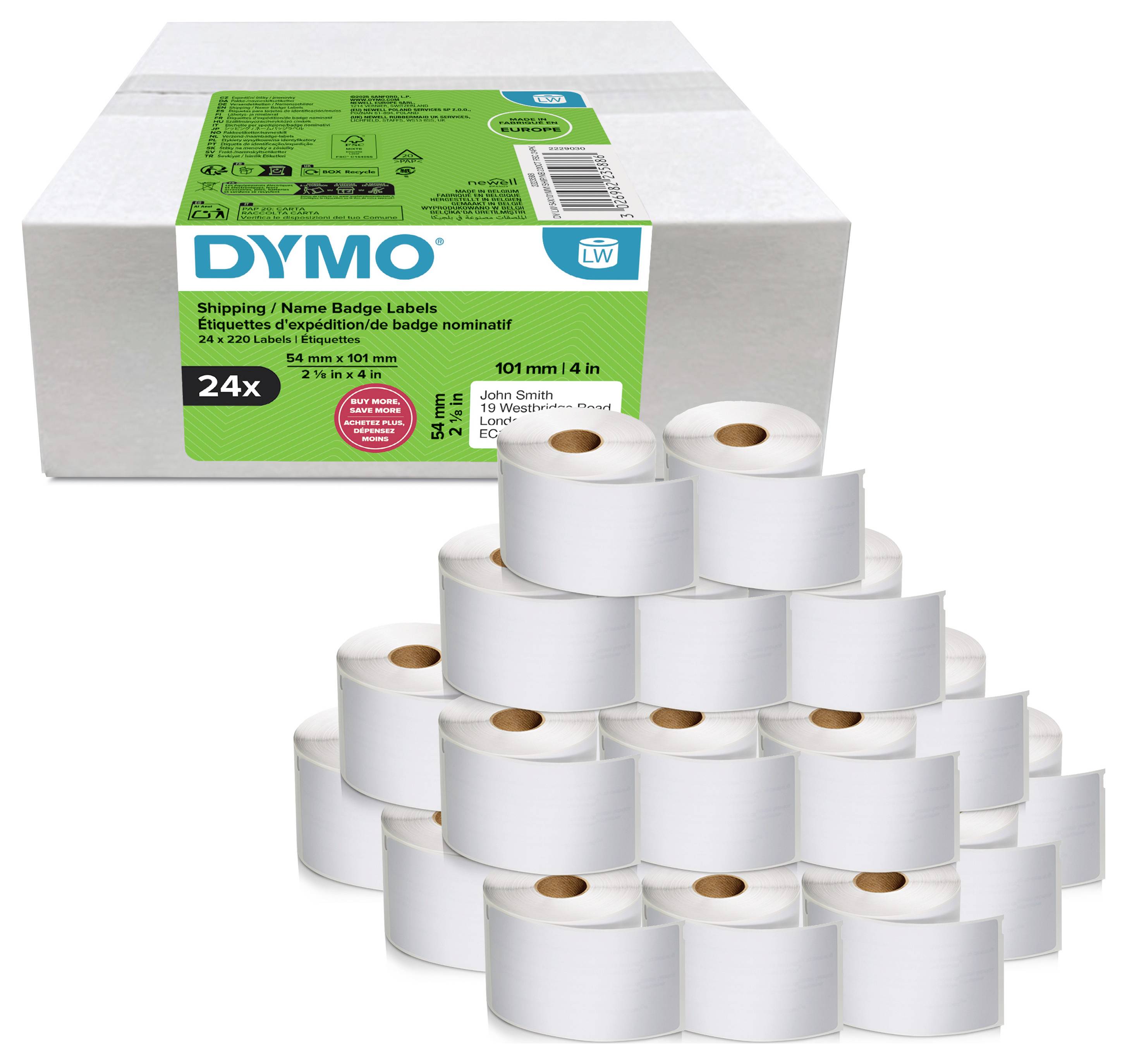 Schachtel mit DYMO-Versand-/Namensschildetiketten mit mehreren weißen Etikettenrollen, die davor gestapelt sind.