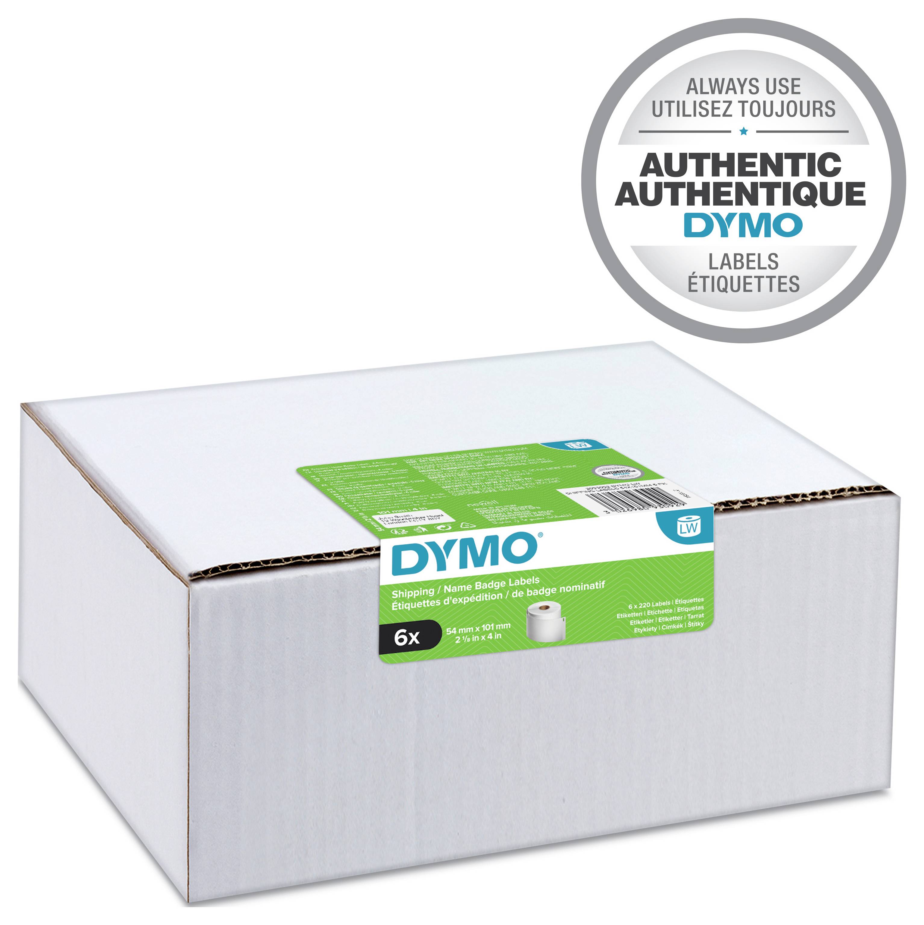 Karton mit DYMO Versand-/Namensschildetiketten, mit einem Authentizitätssiegel „Verwenden Sie immer Originalprodukte" oben rechts.