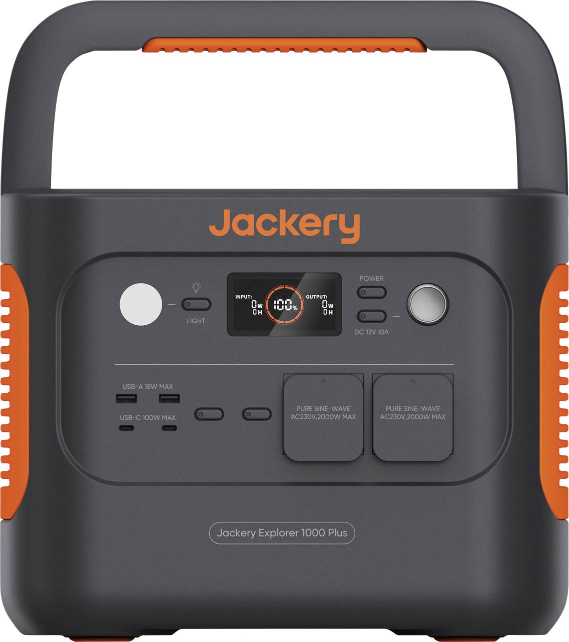 Jackery Explorer 1000 Plus tragbare Stromversorgungsstation mit Griff, Display, Ein-/Ausschalter, AC-Steckdosen, USB-Anschlüssen und orangefarbenen Seitengriffen.