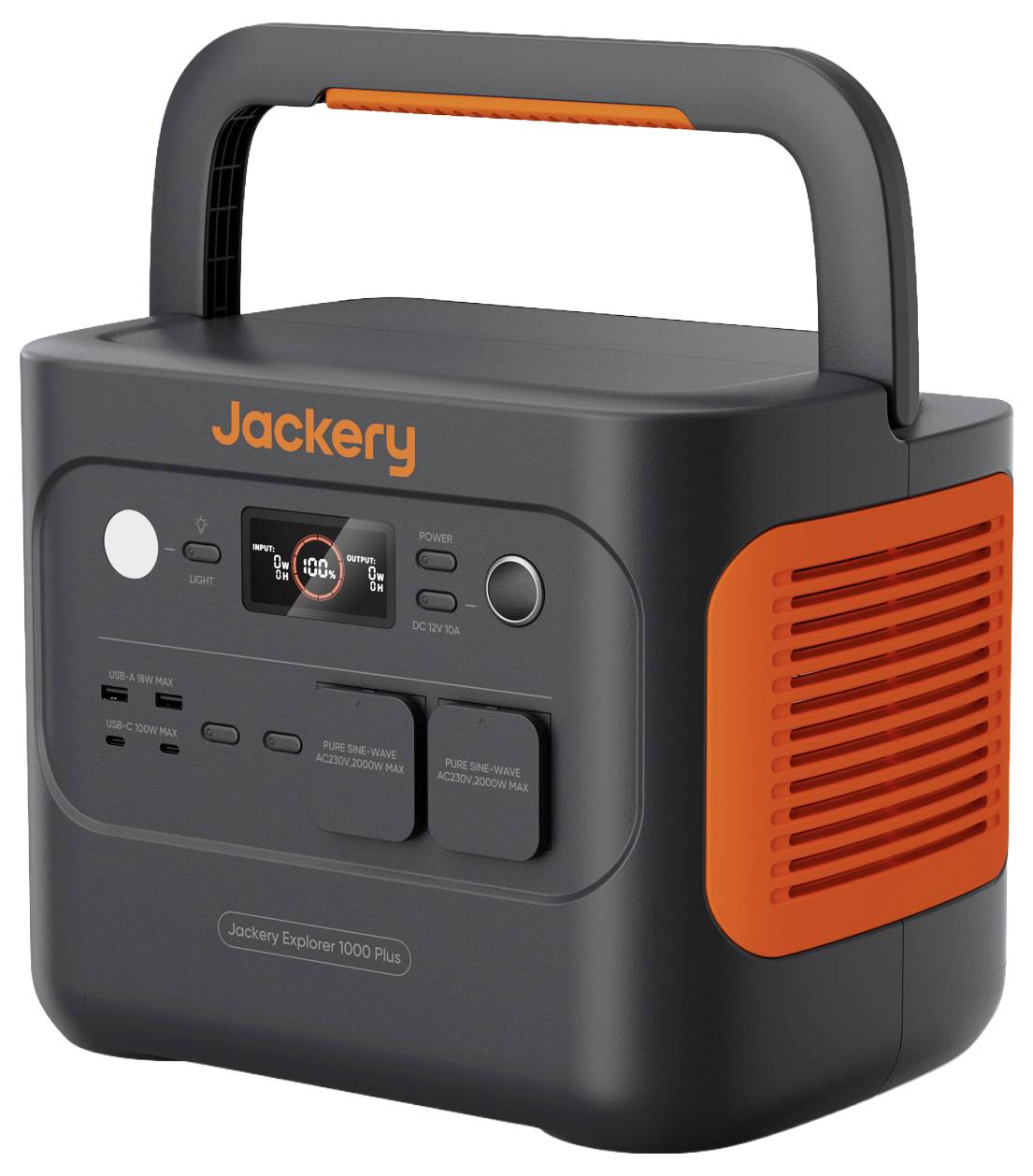 Jackery tragbare Stromversorgungsstation mit Griff, Display, Tasten und orange-seitiger Belüftungsblende.