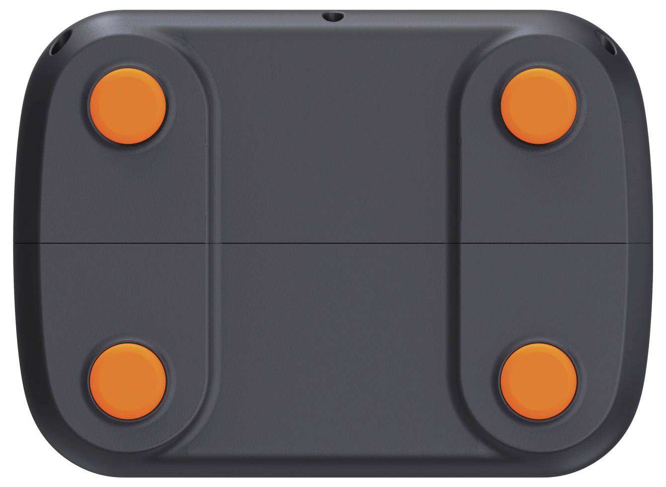 Schwarzes rechteckiges Gerät oder Etui mit vier orangefarbenen kreisförmigen Pads, von oben betrachtet.