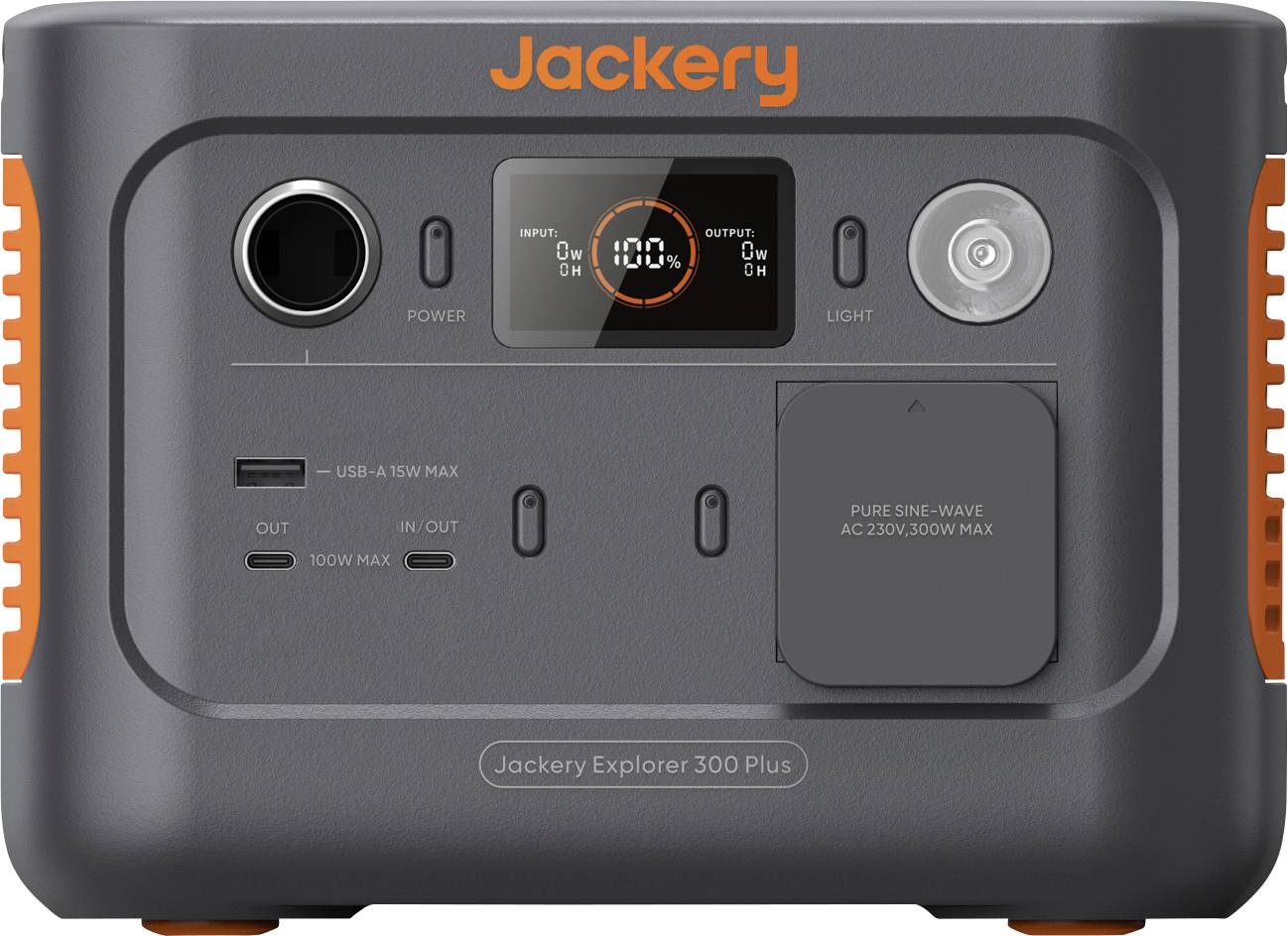Vorderansicht einer Jackery Explorer 300 Plus tragbaren Stromversorgungsanlage mit Stromanschlüssen, LCD-Batterieanzeige, Taschenlampe und Wechselstromausgang.