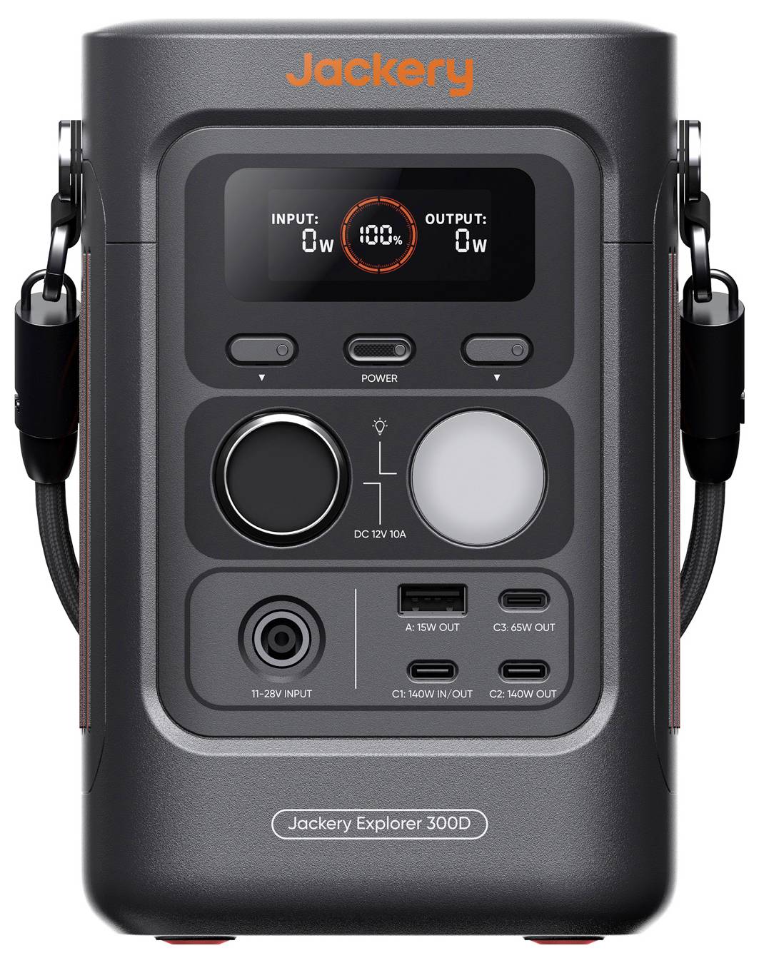 Jackery Explorer 300D tragbare Stromstation mit Anzeige, die 100% Ladung zeigt, Ein-/Ausgabewatt, AC- und USB-Ladeanschlüsse sowie seitliche Griffe.