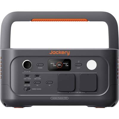 Vorderansicht einer tragbaren Jackery Explorer 500 Stromversorgungsstation mit Griff, Display, AC-Steckdosen, USB-Anschlüssen, Stromtaste und Lichttaste.