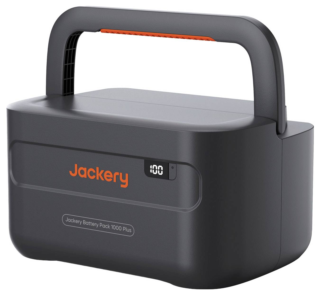 Tragbares Jackery-Akkupack mit Tragegriff und digitaler Ladeanzeige, beschriftet mit "Jackery Battery Pack 1000 Plus".