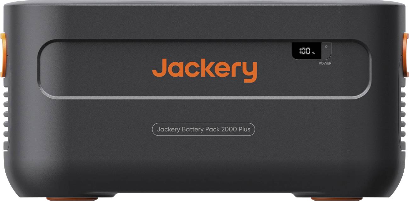 Jackery tragbare Stromstation mit der Bezeichnung „Jackery Batterie Pack 2000 Plus" mit digitaler Ladeanzeige und Stromschalter.