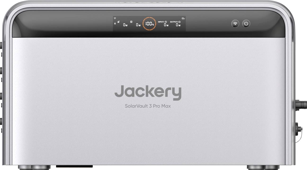 Frontansicht einer tragbaren Stromstation Jackery SolarVault 3 Pro Max mit zentralem Display und Seitenschnittstellen, dargestellt in einem silbernen Gehäuse.