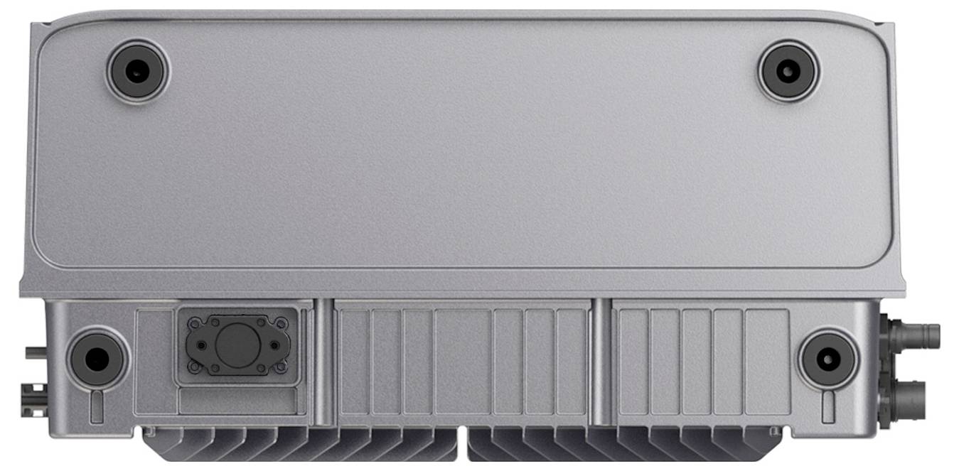 Graues elektronisches Gerätegehäuse mit vier Eckbefestigungen, seitlichen Kabelverbindern und einem gerippten unteren Kühlbereich.