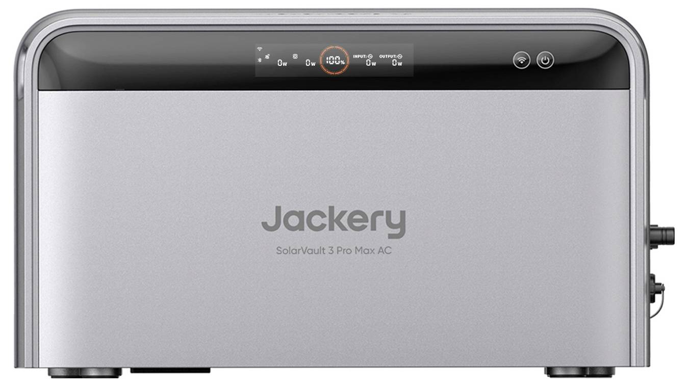 Jackery SolarVault 3 Pro Max AC tragbare Stromstation mit vorderer Anzeige, die 100% Ladung anzeigt, und Anschlüssen auf der rechten Seite.