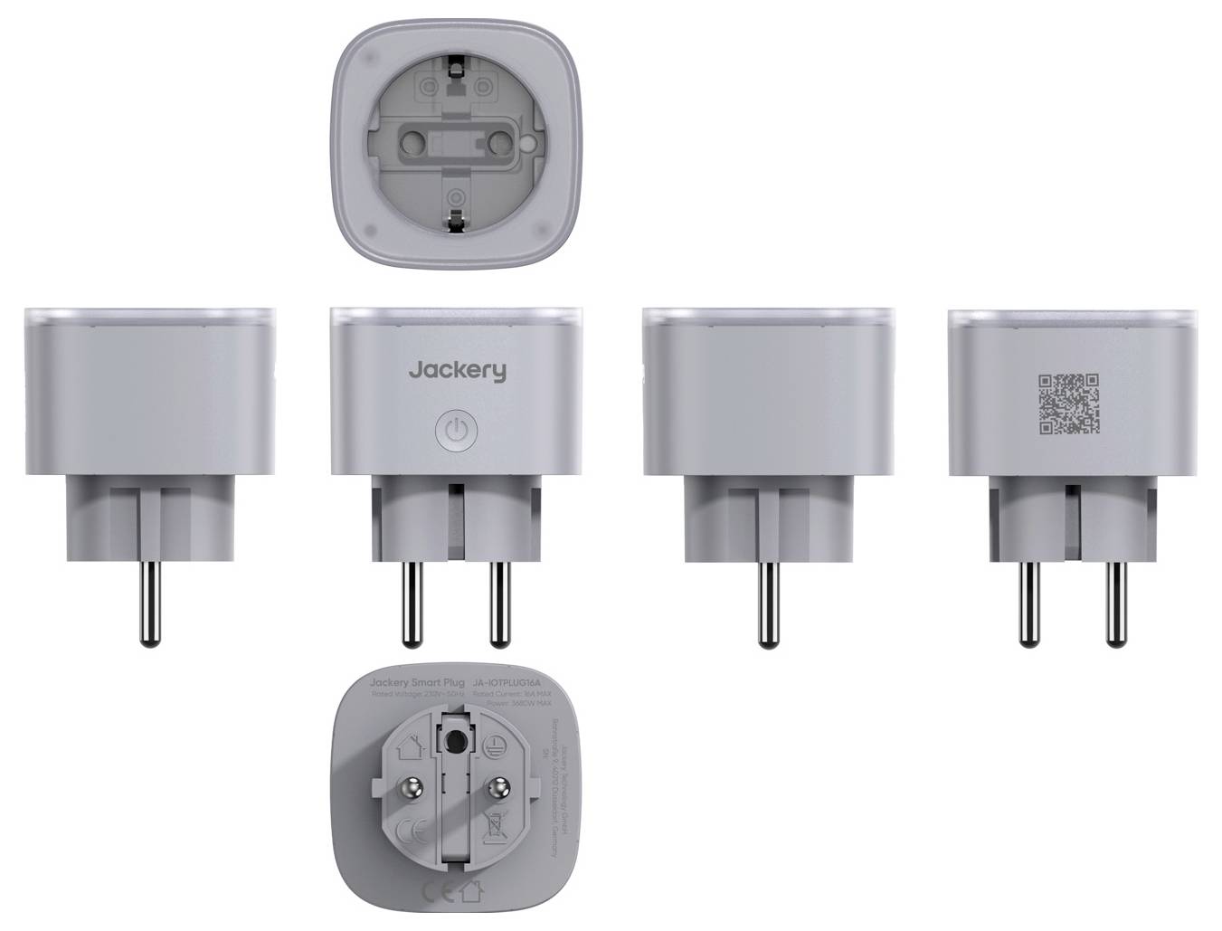 Jackery-Steckeradapter aus mehreren Winkeln gezeigt, mit austauschbaren Steckern im europäischen Stil und einem QR-Code auf einer Seite.