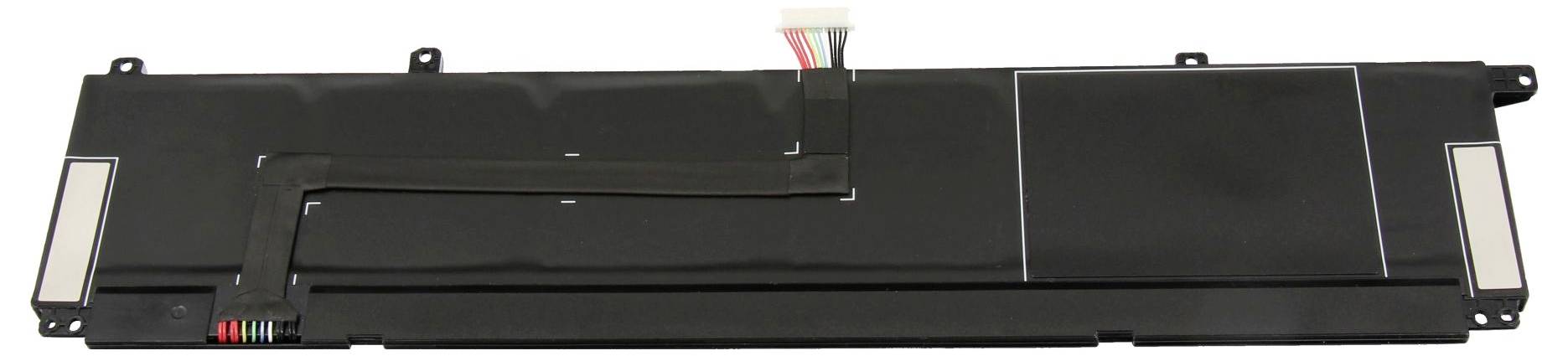Schwarze rechteckige elektronische Komponente mit Montagelaschen und angeschlossenen mehrfarbigen Drähten, gezeigt auf weißem Hintergrund.