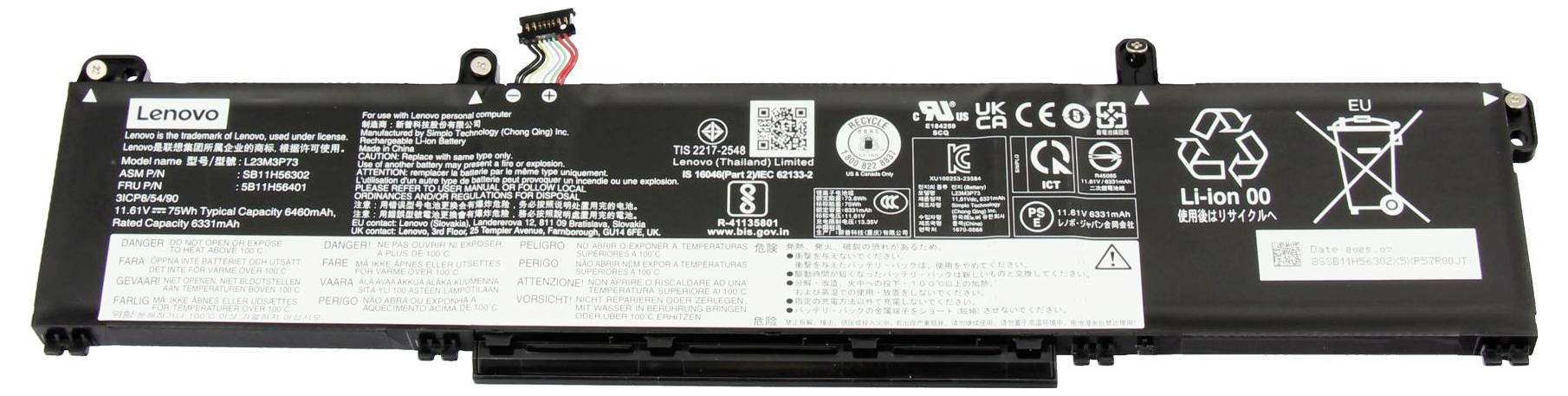Lenovo-Laptop-Lithium-Ionen-Batteriepack von vorne mit Beschriftungen, Sicherheitssymbolen und sichtbarem Stecker.