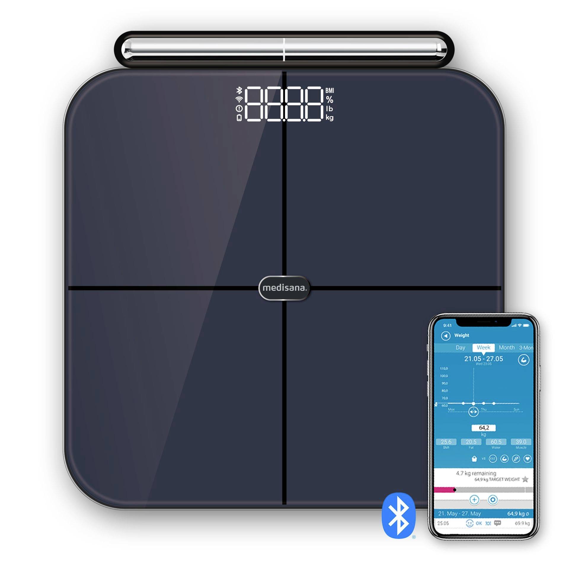 Digitale Badezimmerwaage mit Bluetooth und Smartphone-App-Anzeige, die Gewichtsverfolgung und Körpermetriken anzeigt.