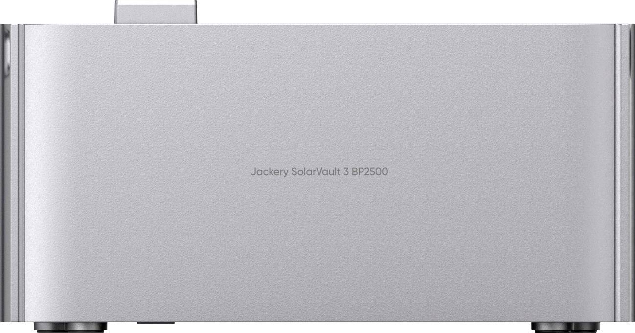 Frontansicht einer silbernen Jackery SolarVault 3 BP2500-Batterieleistungseinheit mit dem Produktnamen zentriert auf dem Panel.