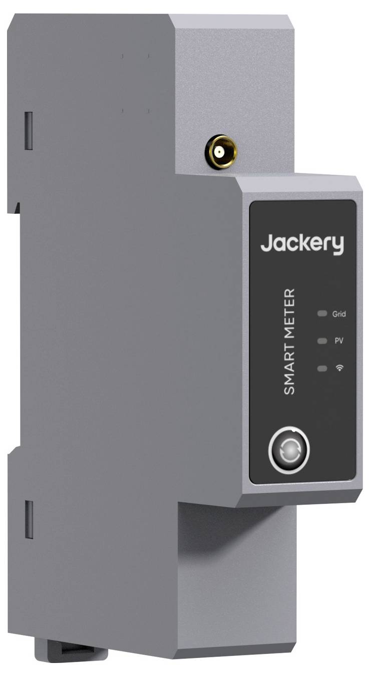 Graues Jackery-Smartmeter-Gerät mit schwarzer Frontplatte, Statusanzeigen und einem runden Knopf, isoliert auf weißem Hintergrund dargestellt.