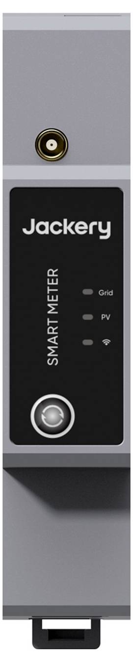 Vorderansicht eines Jackery Smart Meter-Moduls mit einem digitalen Display, das "Jackery" anzeigt, sowie Beschriftungen für "SMART METER", "Netz", "PV" und WLAN-Indikatoren.
