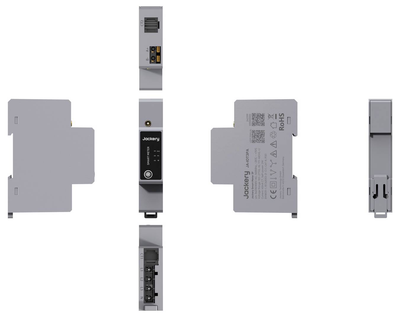 Mehrere Ansichten eines grauen Jockey-Elektronikmoduls, das seine Frontbeschriftung, seitliche Profil und Stecker an einem weißen Hintergrund zeigt.