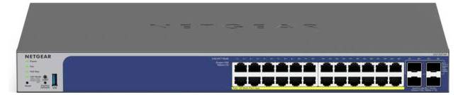Vorderansicht eines NETGEAR Netzwerk-Switches mit 24 Ethernet-Ports und zwei Uplink-Ports, gezeigt mit Statusleuchten auf der linken Seite.