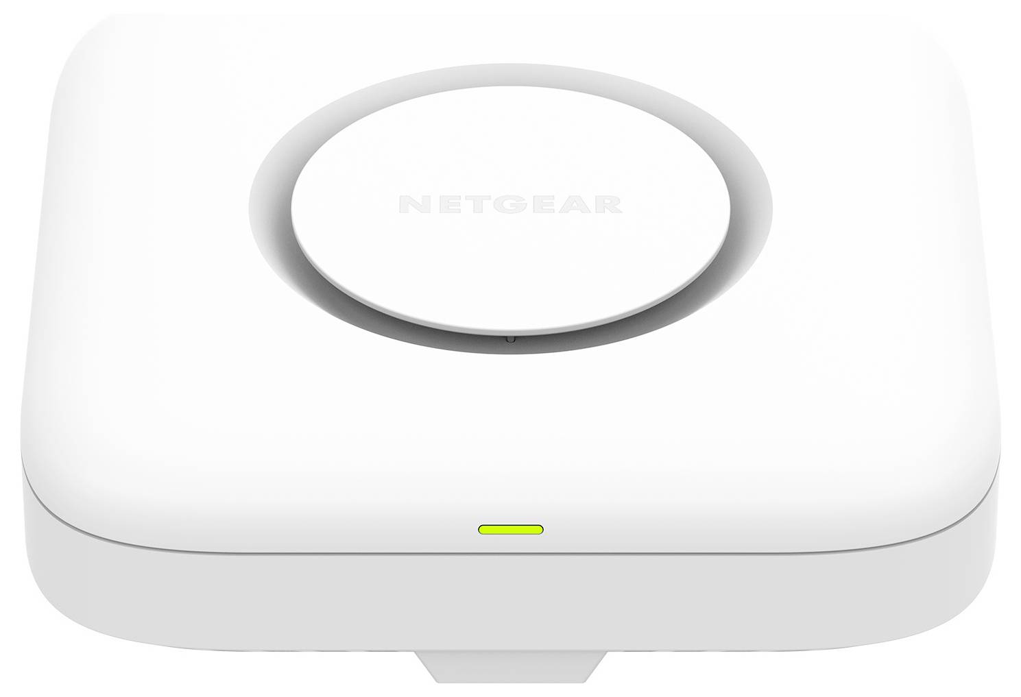 Weißer NETGEAR WLAN-Zugangspunkt mit kreisförmigem Logo oben und einer kleinen grünen Statusleuchte an der Vorderseite