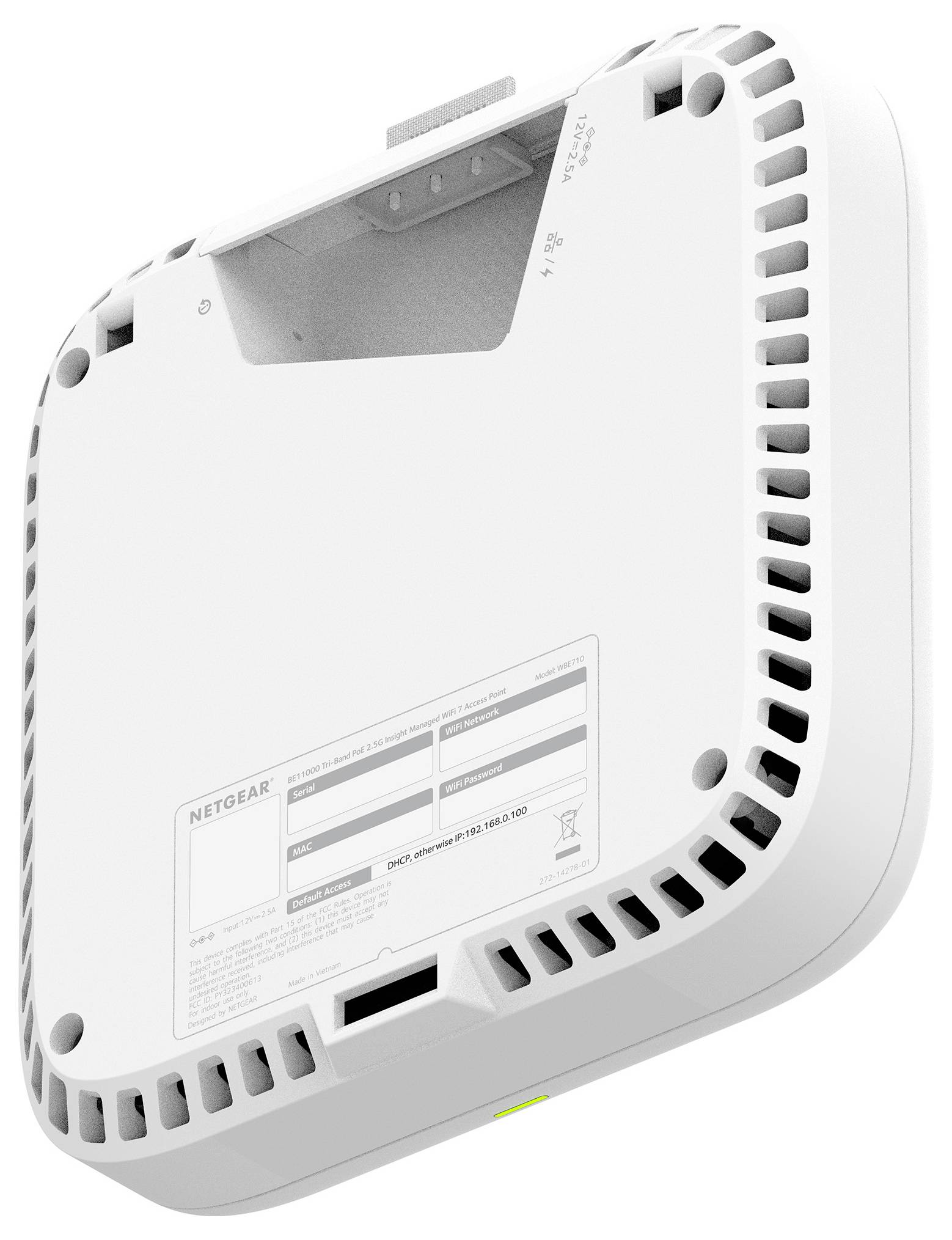 Weißer NETGEAR-WLAN-Router von hinten abgebildet, mit sichtbaren Belüftungsschlitzen und Befestigungslöchern.