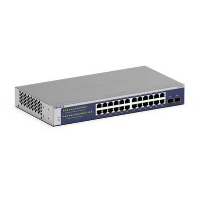Frontansicht eines NETGEAR 24-Port-Ethernet-Netzwerk-Switches mit Statusleuchten und zwei Uplink-Ports auf weißem Hintergrund