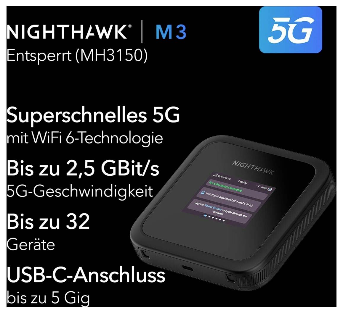 Nighthawk M3 5G mobiler Hotspot im deutschen Angebot, zeigt 5G, WiFi 6, bis zu 2,5 Gbit/s, bis zu 32 Geräte, USB-C-Verbindung.