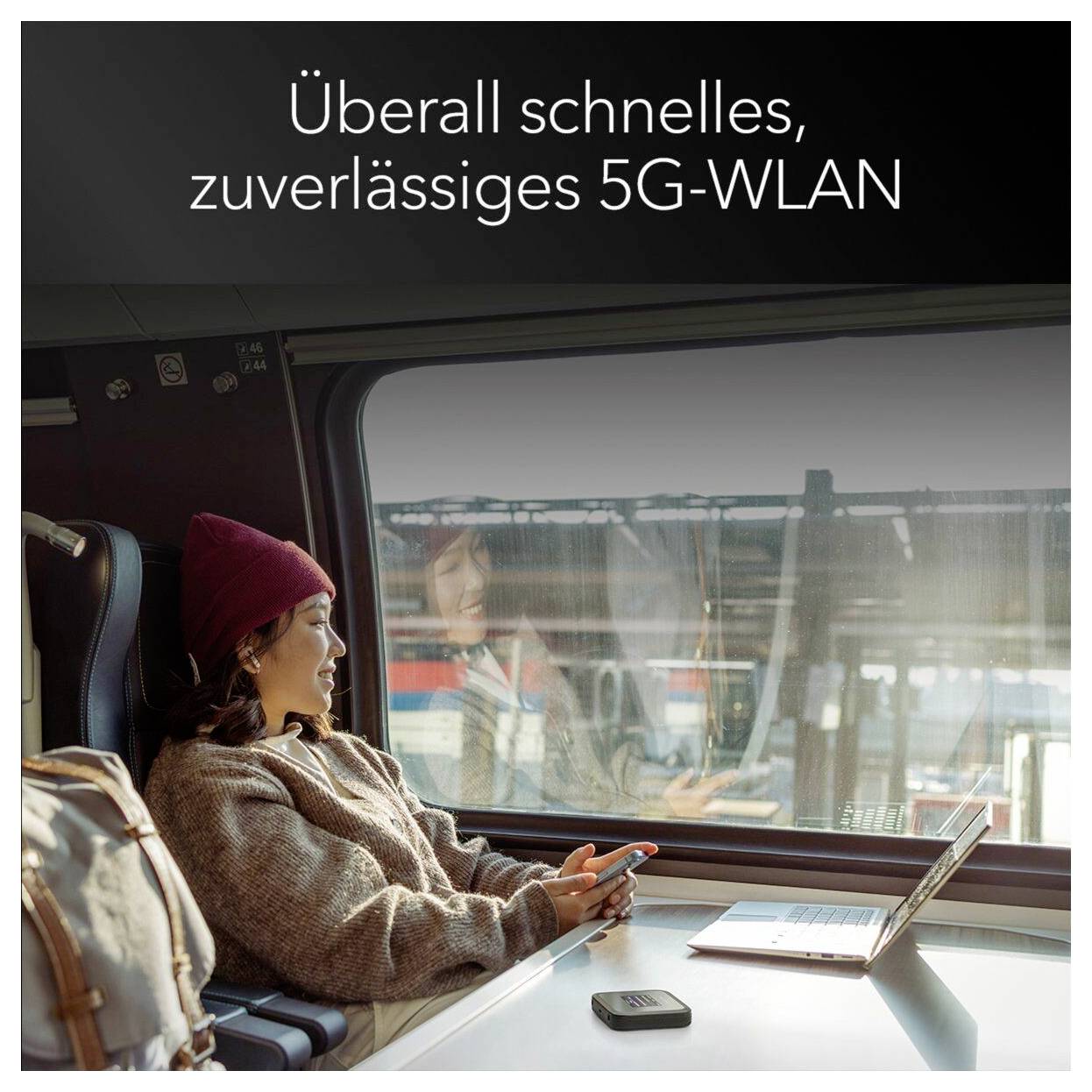 Werbegrafik auf Deutsch, die eine optionale 5G-Antenne zeigt, die den Empfang bei schwacher 5G-/4G-Abdeckung verbessert; zwei TS-9-Antennenanschlüsse auf einem Gerät sind hervorgehoben.