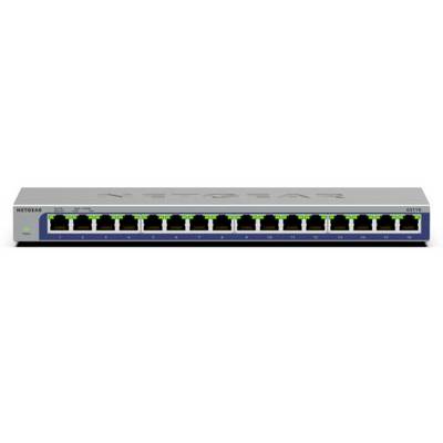 Vorderansicht eines NETGEAR 16-Port-Ethernet-Switches mit mehreren LAN-Anschlüssen und Statusleuchten auf einem silbernen Rack-Mount-Gerät.
