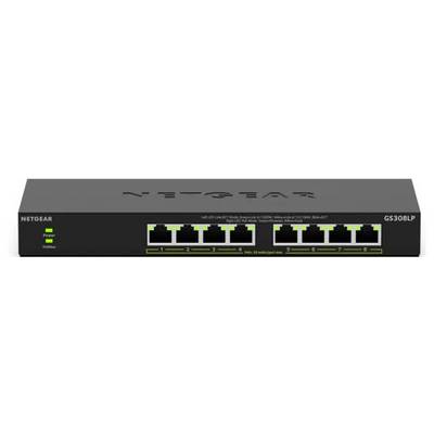 Frontansicht eines NETGEAR GS308LP-Netzwerk-Switches mit acht Ethernet-Anschlüssen und Status-LEDs auf einem schwarzen Rack-Mount-Gerät.