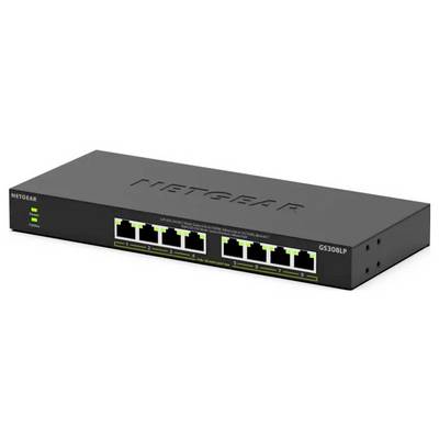 Ein NETGEAR GS308LP 8-Port-Ethernet-Switch, dargestellt in Schwarz mit grünen Statusleuchten und Frontanschlüssen.