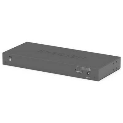 Schwarzes rechteckiges NETGEAR-Rackmount-Netzwerkgerät in Perspektive dargestellt, mit Status-LEDs auf der Vorderseite und Anschlüssen an einem Ende.