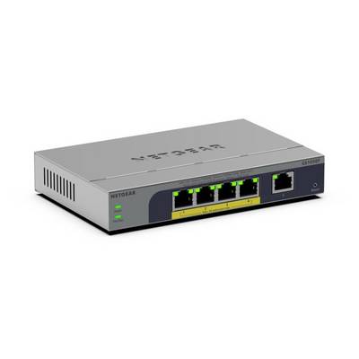 Ein NETGEAR Ethernet-Switch mit fünf Anschlüssen mit grünen Status-Leuchten auf weißem Hintergrund.