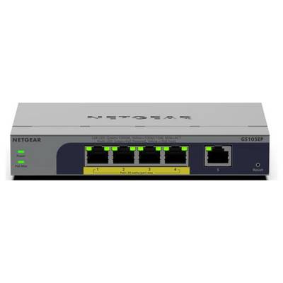 Vorderansicht eines NETGEAR GS105E 5-Port-Ethernet-Switches mit fünf RJ-45-Anschlüssen, Verbindungs-/Aktivitätsleuchten und einer Reset-Taste.