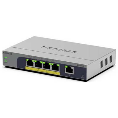 NETGEAR GS105EP Fünf-Port-Ethernet-Switch, Vorderansicht mit fünf LAN-Anschlüssen und Statusleuchten auf einem silbernen Desktop-Gerät.