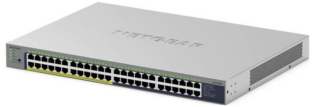 Frontansicht eines NETGEAR-Rack-montierbaren Ethernet-Switches mit 48 Ports und Statusleuchten, dargestellt auf weißem Hintergrund.