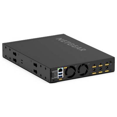 Schwarze NETGEAR Netzwerk-Switch-/Routereinheit mit mehreren Ethernet-Anschlüssen, zwei großen Kühlventilatoren und Statusleuchten auf der Frontplatte.
