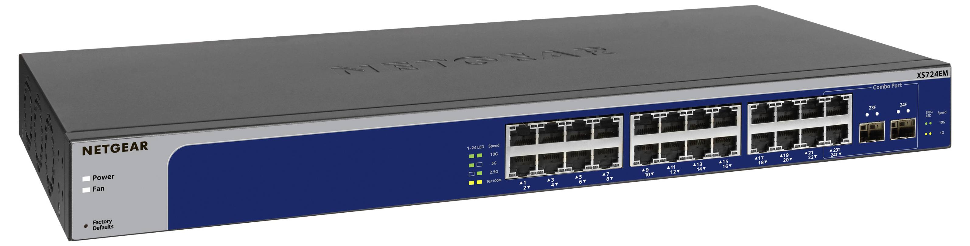 NETGEAR-Netzwerk-Switch mit 24 Ethernet-Ports und Statusanzeige-LEDs auf einem blauen Frontpanel, dargestellt in einer angewinkelten Produktansicht.